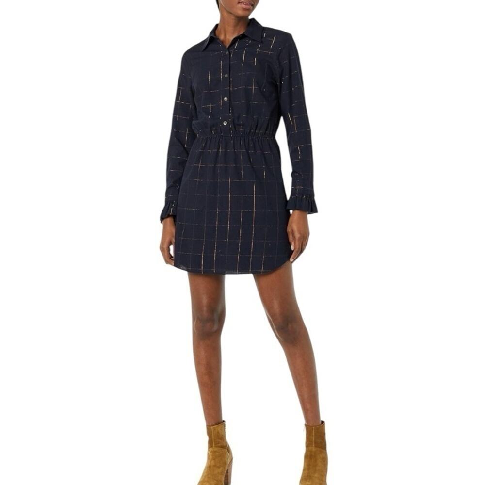Waverly Grey Navy Plaid Shirt Dress with Metallic Gold Details, Size Small